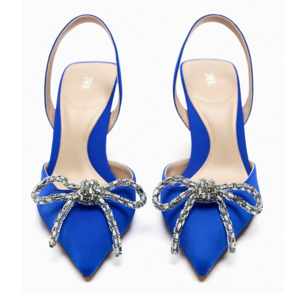 Zara Blue Embellished Bow Heeled Slingbacks Sz 6.5 NWT